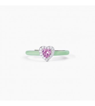 Anillo de plata 925 con esmalte verde y circonita rosa talla corazón 4x4 mm y circonitas blancas 1 mm. Tamaño ajustable de 11 a 19 mm.