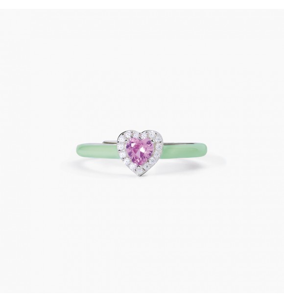 Anillo de plata 925 con esmalte verde y circonita rosa talla corazón 4x4 mm y circonitas blancas 1 mm. Tamaño ajustable de 11 a 19 mm.