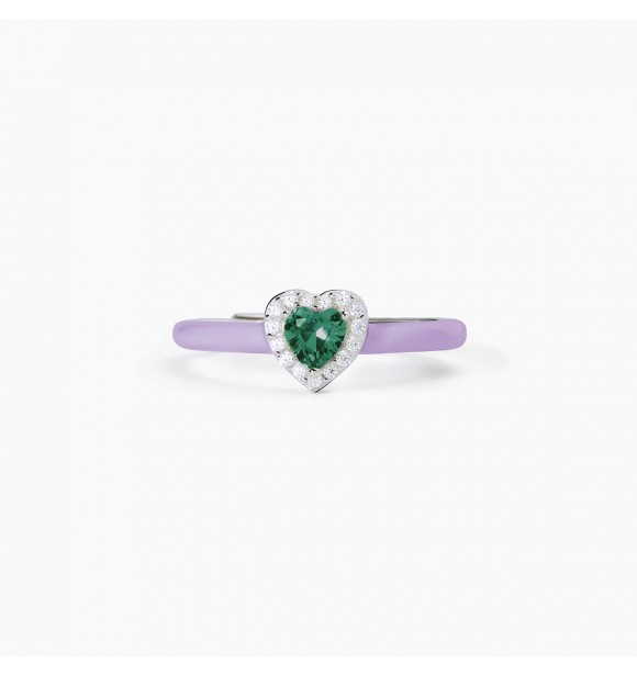 Anillo de plata 925 con esmalte morado y esmeralda sintética talla corazón de 4x4 mm y circonitas blancas 1 mm. Tamaño ajustable de 11 a 19 mm.