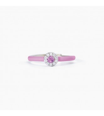 Anillo de plata 925 rodiada con esmalte rosa y circonitas blancas 1,
25 mm, circonita rosa central 3 mm. Tamaño ajustable de 11 a 19 mm.