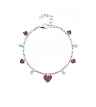 Pulsera de plata rosada 925 con corazón de rubí sintético y circonitas,
 largo regulable de 16 a 19 cm