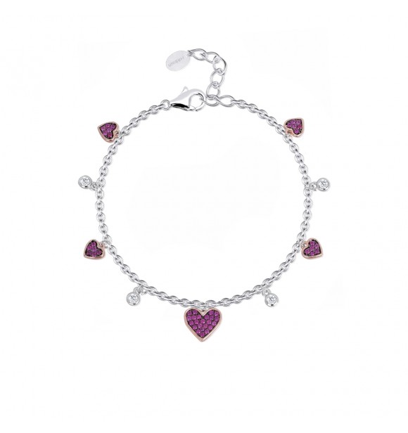 Pulsera de plata rosada 925 con corazón de rubí sintético y circonitas,
 largo regulable de 16 a 19 cm