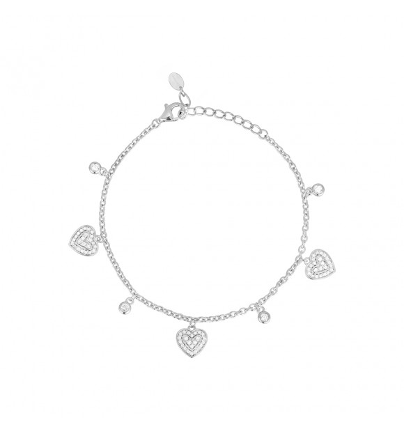 Pulsera de plata 925 con colgantes de corazón y circonitas,
 largo ajustable de 16 a 19 cm