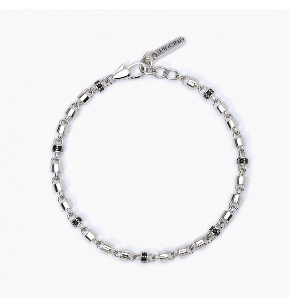 Pulsera de plata 925 rodiada, cadena cilíndrica de 4 mm e inserciones con circonitas negras de 1,
50 mm, longitud regulable de 18,5 a 21 cm.