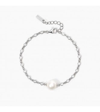 Pulsera de plata 925 rodiada con perla cultivada central 8,
5-9 mm y circonitas blancas 2 mm, longitud ajustable de 16 a 19 cm