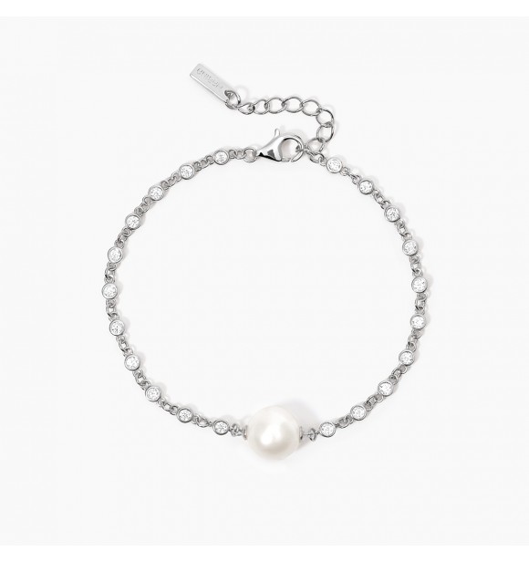 Pulsera de plata 925 rodiada con perla cultivada central 8,
5-9 mm y circonitas blancas 2 mm, longitud ajustable de 16 a 19 cm