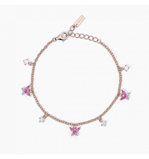 Pulsera de plata rosa 925 con cadena forzatina de 2 mm,
 circonitas blancas de 3 mm y rosas de 2 mm y talla marquesa de 4x2 mm, largo regulable de 16 a 19 cm