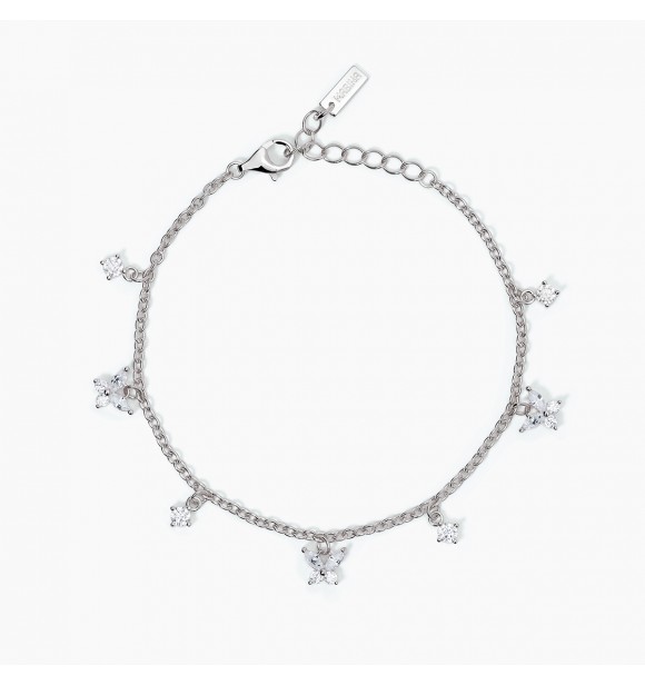 Pulsera de plata 925 rodiada con cadena forzatina de 2 mm,
 2 circonitas blancas de 3 mm y talla marquesa de 4x2 mm, largo regulable de 16 a 19 cm