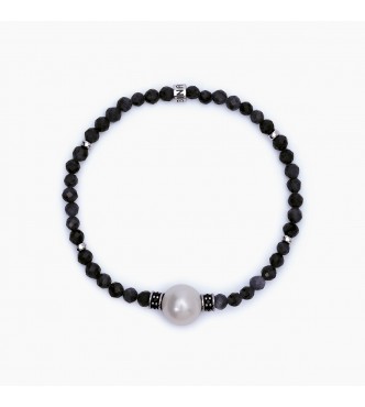 Pulsera elástica de plata 925 rodiada con piedras de ágata negra 4 mm,
 perla gris 11-12 mm e inserciones con circonitas negras 1,2 mm, longitud 19 cm