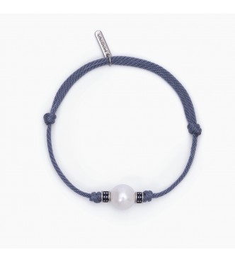 Pulsera de plata 925 rodiada con cordón azul, perla blanca 11-12 mm e inserciones con circonitas azules 1,
2 mm, longitud ajustable de 18 a 21 cm