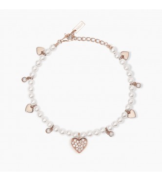 Pulsera de plata rosada 925 con perla de concha 4 mm,
 colgantes de corazón y circonitas, longitud ajustable de 16 a 19 cm