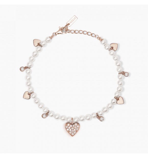 Pulsera de plata rosada 925 con perla de concha 4 mm,
 colgantes de corazón y circonitas, longitud ajustable de 16 a 19 cm