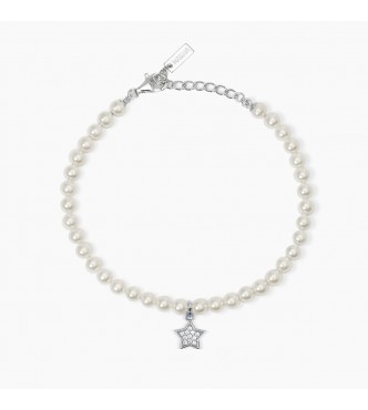 Pulsera de plata 925 con perla de concha 4 mm,
 colgante de estrella y circonitas, longitud ajustable de 16 a 19 cm