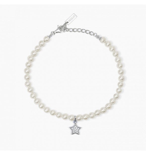 Pulsera de plata 925 con perla de concha 4 mm,
 colgante de estrella y circonitas, longitud ajustable de 16 a 19 cm