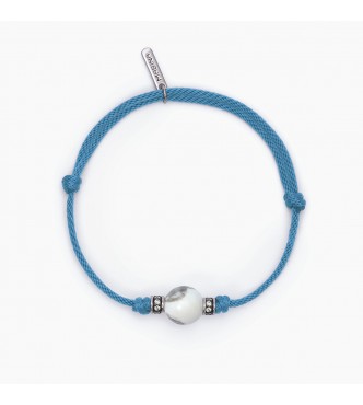 Pulsera de plata 925 rodiada con cordón azul, piedra aulita de 10 mm e inserciones con circonitas blancas,
 longitud ajustable de 18 a 21 cm