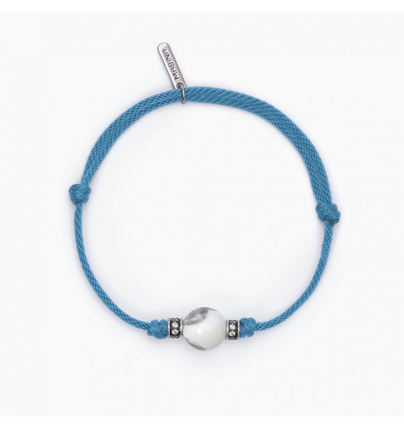 Pulsera de plata 925 rodiada con cordón azul, piedra aulita de 10 mm e inserciones con circonitas blancas,
 longitud ajustable de 18 a 21 cm