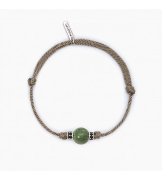 Pulsera de plata 925 rodiada con cordón de color arena,
 jade verde 10 mm e inserciones con circonitas negras, longitud ajustable de 18 a 21 cm