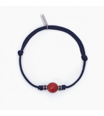 Pulsera de plata 925 rodiada con cordón azul, coral bambú de 10 mm e inserciones con circonitas azules,
 longitud ajustable de 18 a 21 cm