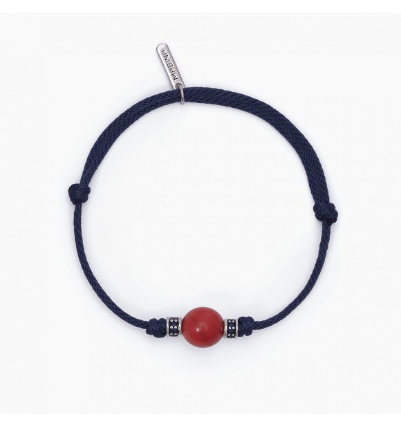 Pulsera de plata 925 rodiada con cordón azul, coral bambú de 10 mm e inserciones con circonitas azules,
 longitud ajustable de 18 a 21 cm