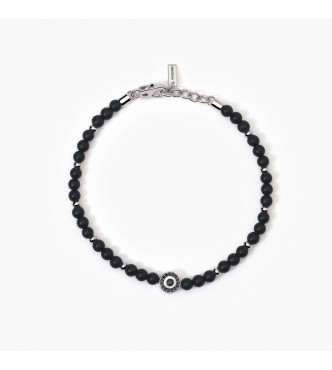 Pulsera de plata 925 rodiada con ágata negra 4 mm,
 elemento central con circonitas negras 2,5, 1 mm, longitud ajustable de 19 a 21 cm