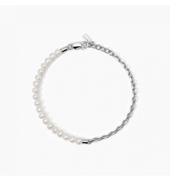 Pulsera de plata 925 rodiada con cadena forzatina y perlas cultivadas 4,
5-5 mm, longitud ajustable de 18,5 a 20,5 cm