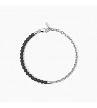 Pulsera de plata 925 rodiada con cadena de forzatina y esferas de hematites 4 mm,
 longitud ajustable de 18,5 a 20,5 cm