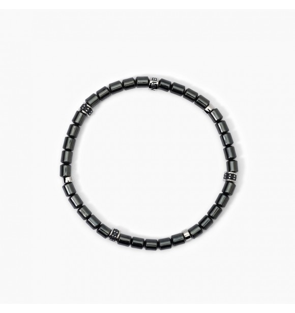 Pulsera elástica de plata 925 rodiada con cilindros de hematita de 5x4 mm y circonitas negras 1,
5 mm, longitud 19 cm