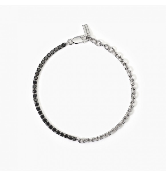 Pulsera de plata 925 rodiada con cadena forzatina y tenis de circonitas negras 2,
5 mm, longitud ajustable de 18 a 20 cm