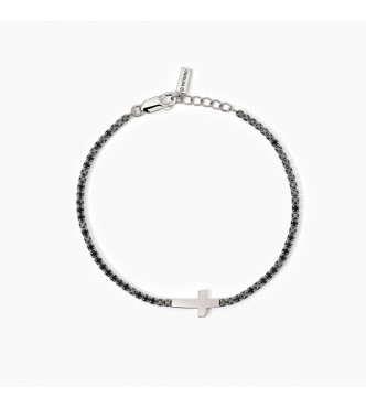 Pulsera de plata 925 rodiada con cruz central brillante y tenis de circonitas negras 2 mm,
 largo ajustable de 18 a 20 cm