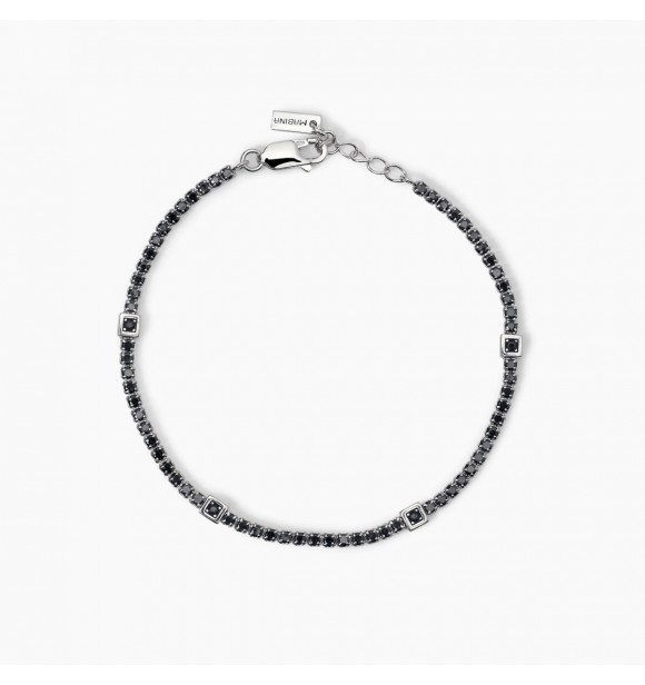 Pulsera de plata 925 rodiada con inserciones cuadradas con circonitas negras 1,
75 mm y tenis de circonitas negras 2 mm, longitud ajustable de 18 a 20 cm