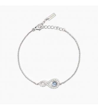 Pulsera de plata 925 rodiada con cadena forzatina de 1,
5 mm, elemento infinito de 18x9,5 mm, aguamarina sintética de 4 mm y circonitas blancas de 1,5 y 1,25 mm, longitud regulable de 16 a 19 cm