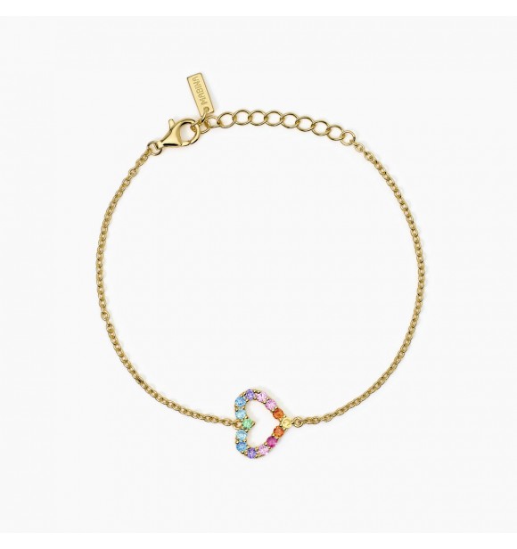 Pulsera de oro amarillo de 18 quilates con baño de plata 925 con cadena forzatina de 1,
5 mm y elemento central de corazón de 11,5x13,5 mm con circonitas multicolores y turmalinas rosas sintéticas de 2 mm, largo regulable de 16 a 19 cm