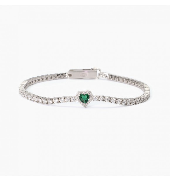 Pulsera Tennis de plata 925 rodiada con esmeralda sintética talla corazón central de 4x4 mm y circonitas 2 y 1 mm,
 longitud 16 cm