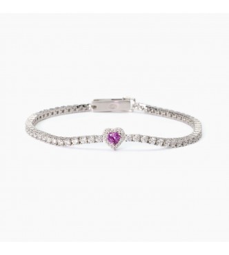 Pulsera Tennis de plata 925 rodiada con turmalina rosa sintética talla corazón central de 4x4 mm y circonitas blancas 2 y 1 mm,
 longitud 16 cm