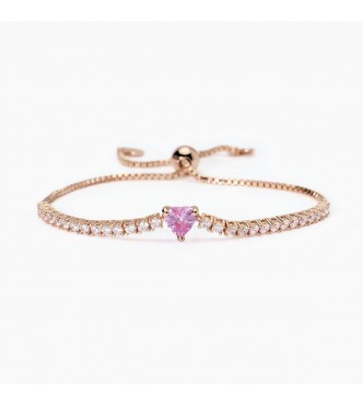 Pulsera de plata 925 bañada en oro rosa de 18K con cadena veneciana de 1 mm,
 tenis de circonitas blancas 2,5 mm y turmalina rosa sintética talla corazón central de 6x6 mm, largo regulable de 16 a 22 cm