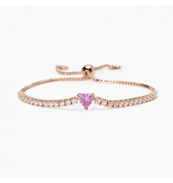 Pulsera de plata 925 bañada en oro rosa de 18K con cadena veneciana de 1 mm,
 tenis de circonitas blancas 2,5 mm y turmalina rosa sintética talla corazón central de 6x6 mm, largo regulable de 16 a 22 cm