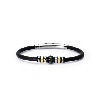 Pulsera de plata 925 rodiada con silicona negra de 4 mm,
 elementos de plata brillante y baño de oro de 18 quilates de 6 mm, elemento central de 6x8 mm con circonitas negras de 1,5 mm y cierre de acero 316L, largo ajustable de 20 a 22cm