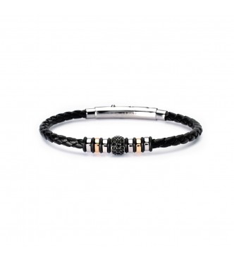 Pulsera de plata 925 rodiada con cuero de laboratorio negro tejido de 4 mm,
 elementos de plata pulida y baño de oro rosa de 18 quilates de 6 mm, elemento central de 6x8 mm con circonitas negras de 1,5 mm y cierre de acero 316L, longitud ajustable desde 