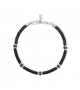 Pulsera de plata 925 rodiada con cilindros de cerámica negra de 4xØ4 mm,
 elementos de 3,5x5 mm y circonitas negras de 1,5 mm, longitud regulable de 19 a 21 cm