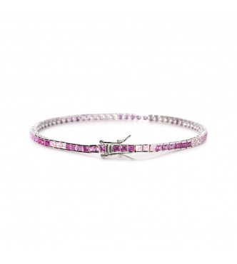 Pulsera Tennis de plata 925 rodiada con turmalinas rosas sintéticas y circonitas rosas talla princesa 2x2 mm,
 longitud 16 cm