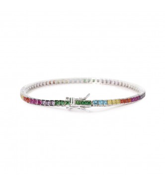 Pulsera Tennis de plata 925 rodiada con circonitas multicolores talla princesa 2x2 mm,
 longitud 16 cm