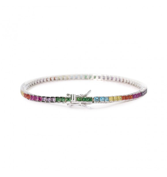 Pulsera Tennis de plata 925 rodiada con circonitas multicolores talla princesa 2x2 mm,
 longitud 16 cm