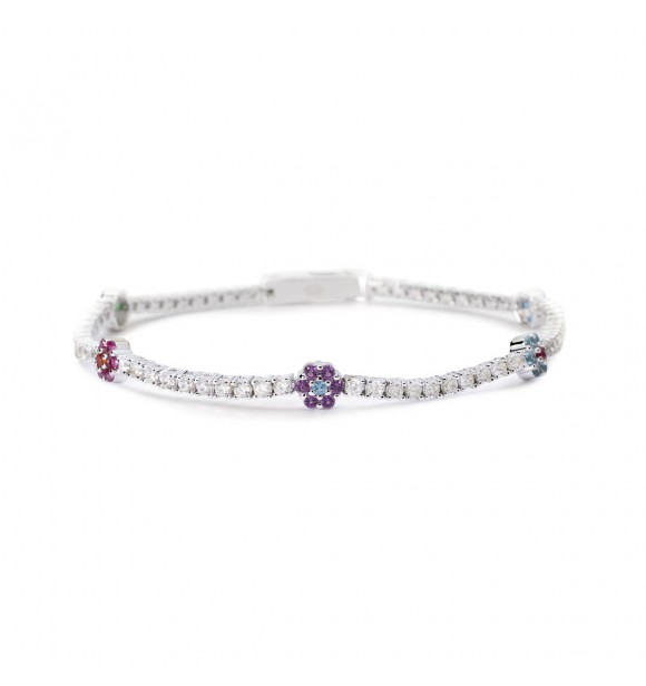 Pulsera Tennis de plata 925 rodiada con elementos florales de 5,
5x5,5 mm con circonitas multicolores de 1,75 mm y circonitas blancas de 2 mm, longitud 16 cm