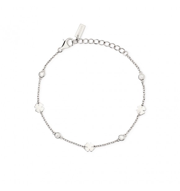 Pulsera de plata 925 rodiada con cadena forzatina de 1,
5 mm, elementos de trébol de cuatro hojas de 5,5x5,5 mm y circonitas de 2,5 mm, longitud ajustable de 16 a 19 cm