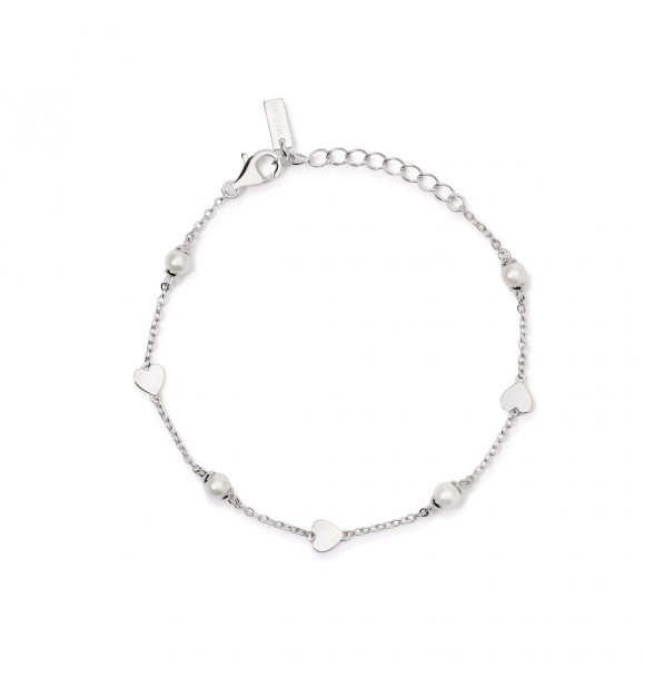 Pulsera de plata 925 rodiada con cadena forzatina de 1,
5 mm, elementos de corazón de 5x5,5 mm y perlas de concha de 4 mm, longitud ajustable de 16 a 19 cm