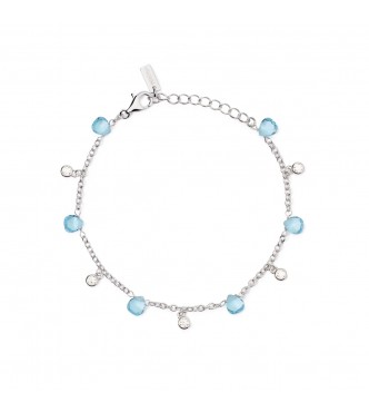 Pulsera de plata 925 rodiada con cadena forzatina de 2 mm,
 elementos de cristal azul claro con corte de gota de 5x5,5 mm y circonitas de 2,5 mm, longitud ajustable de 16 a 19 cm