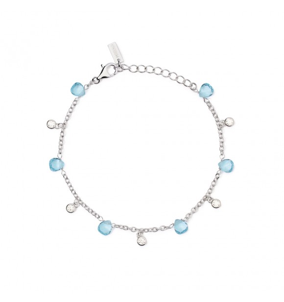 Pulsera de plata 925 rodiada con cadena forzatina de 2 mm,
 elementos de cristal azul claro con corte de gota de 5x5,5 mm y circonitas de 2,5 mm, longitud ajustable de 16 a 19 cm