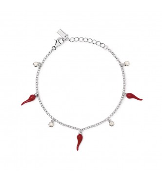 Pulsera de plata 925 rodiada con cadena forzatina de 2 mm,
 dijes de cuerno esmaltados de 4,5x13,5 mm y circonitas de 2,5 mm, longitud ajustable de 16 a 19 cm