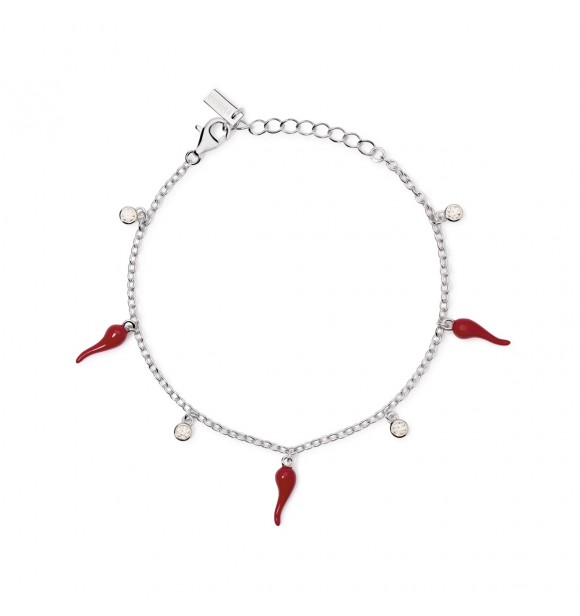 Pulsera de plata 925 rodiada con cadena forzatina de 2 mm,
 dijes de cuerno esmaltados de 4,5x13,5 mm y circonitas de 2,5 mm, longitud ajustable de 16 a 19 cm