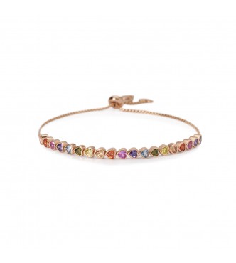 Pulsera de plata 925 bañada en oro rosa de 18 quilates con cadena veneciana de 1,
5 mm y tenis de turmalina sintética y aguamarina, circonitas multicolor talla corazón de 3x3 mm, largo ajustable de 16 a 22 cm